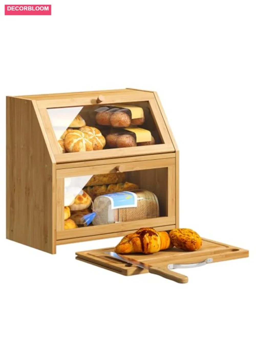 Double Wall Bamboo Bread Box with Cutting Board and Knife